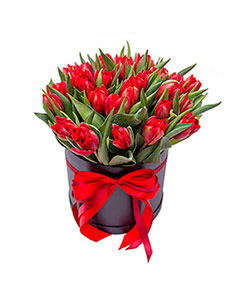 Red Tulips in a Round Black Box