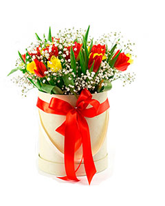 MixedTulips in a Round White Box