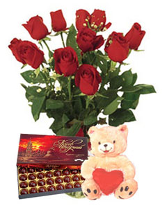 11 long stemed Red roses & Teddy Bear & Box Chocolates