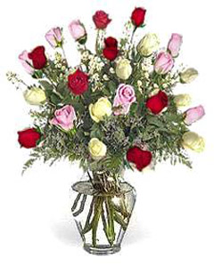 Two dozen mixed roses in a glass vase