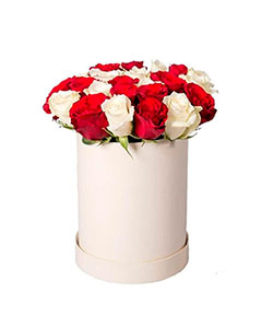 Roses in a Round White Box