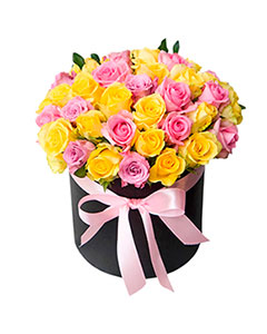 Mixed Roses in a Round Black Box