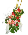 Bouquet of red roses, lilies & carnations