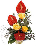 Bouquet of yellow roses & red Anthurium