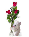 3 Red roses in a glass vase & small Bear
